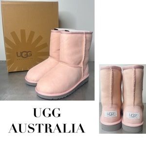 UGG Australia Kids Classic Short Boots in Baby Pink with Gray Soles